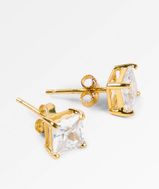 King Ice 6mm Gold & Clear Princess Cut Earrings  - King Ice