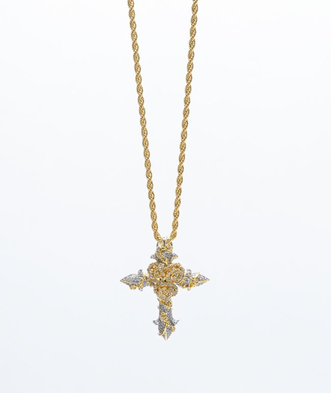 Diamond Fleur de Lis Cross Pendant & Rope Gold Chain | The Gold Gods