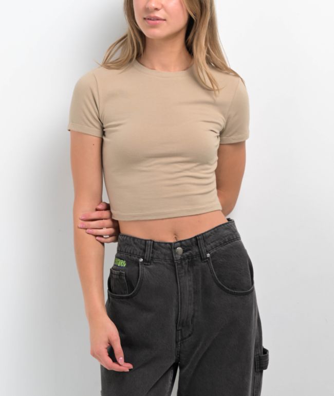 Zine Brianna Khaki Buckle Crop T-Shirt - Zine
