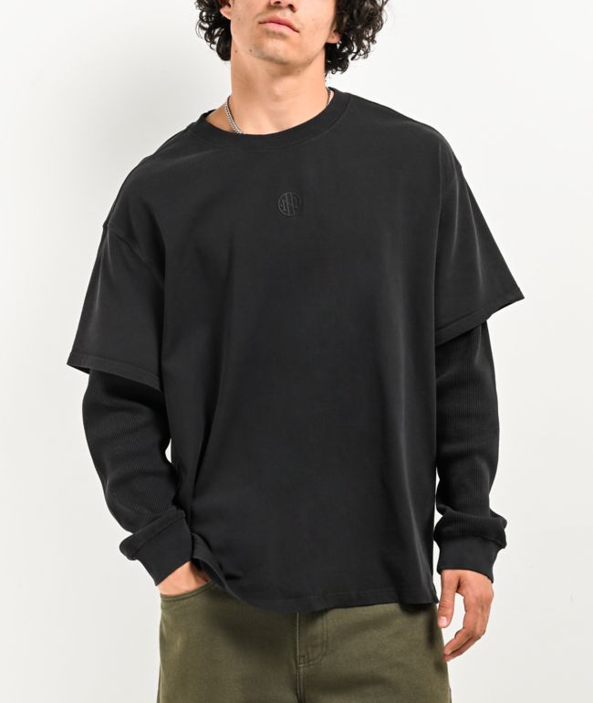 Ninth Hall Fundamentals Thermal Black Wash Boxy 2Fer Long Sleeve T-Shirt - Ninth Hall Fundamentals