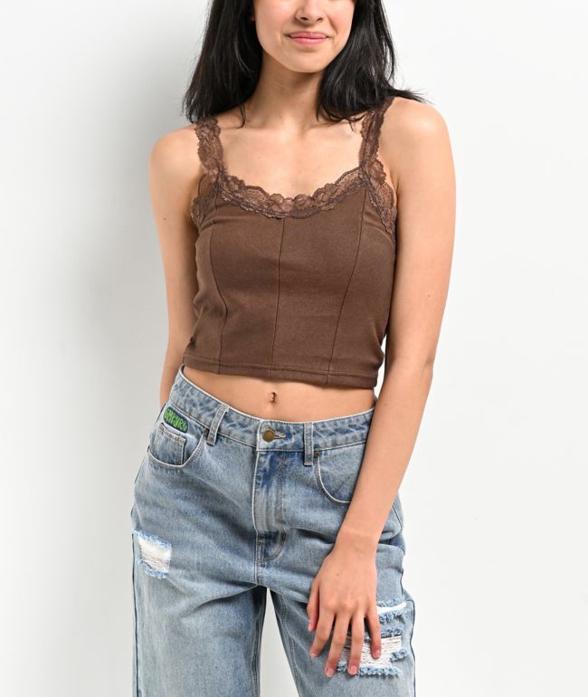 Zine Hallie Brown Lace Crop Tank Top - Zine