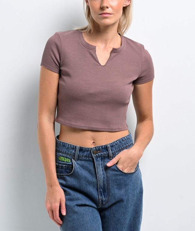 Zine Noreen Deep Taupe Notched Crop T-Shirt - Zine