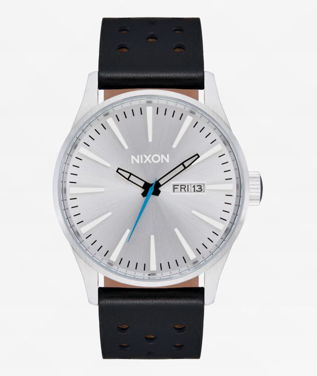 Nixon Sentry Leather Chrome, Silver Sunray, & Black Analog Watch - Nixon Watches