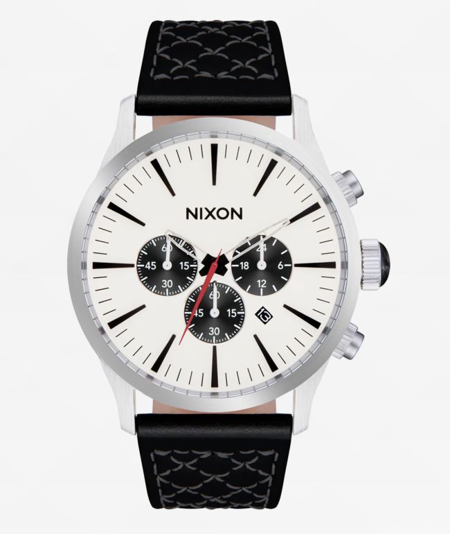 Nixon Sentry Chrono Leather Chrome, Cloud Sunray, & Black Analog Watch - Nixon Watches