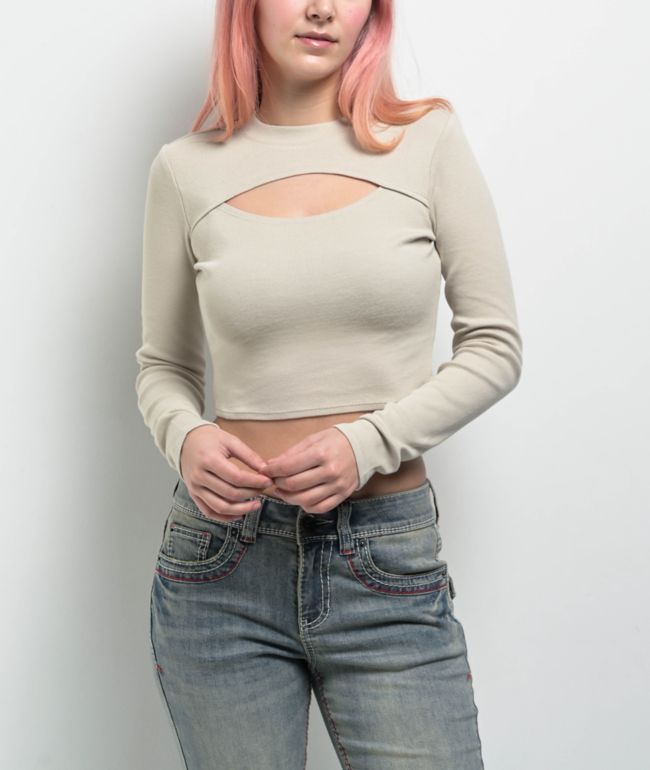 Ninth Hall Fundamentals Krystie Beige Long Sleeve Crop T-Shirt - Ninth Hall Fundamentals