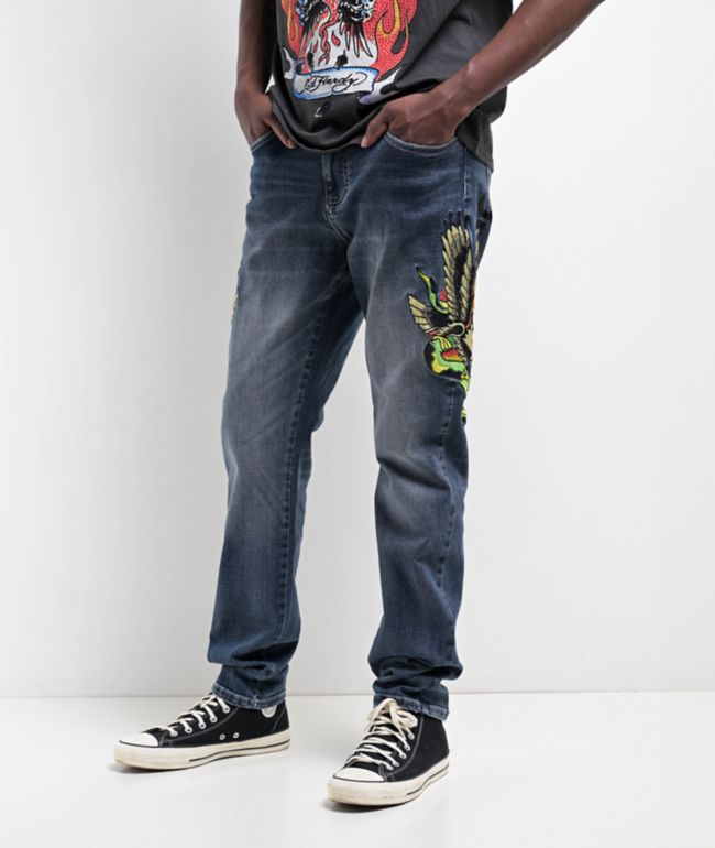 Ed Hardy Eagle Snake Slim Straight Y2K Med Blue Denim Jeans - Ed Hardy