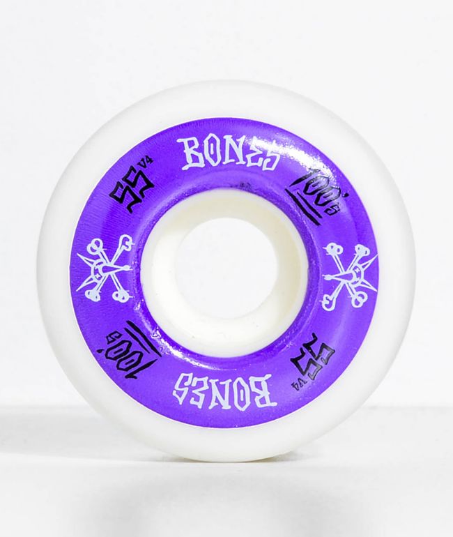 Bones 100 Ringers 55mm Pure White & Purple Skateboard Wheels - Bones