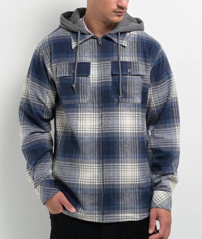 Empyre Browser Navy & White Plaid Hooded Zip Flannel Shirt | Zumiez
