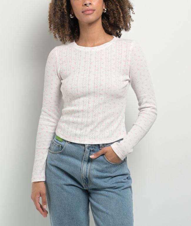 Freeworld Thea Pointelle Bow White & Pink Crop Thermal Long Sleeve T-Shirt - Freeworld