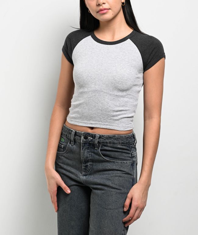 Zine Pammie Heather Grey & Black Crop Raglan T-Shirt - Zine