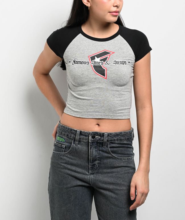 Famous Stars & Straps Stacked Grey Crop Raglan T-Shirt - Famous Stars & Straps