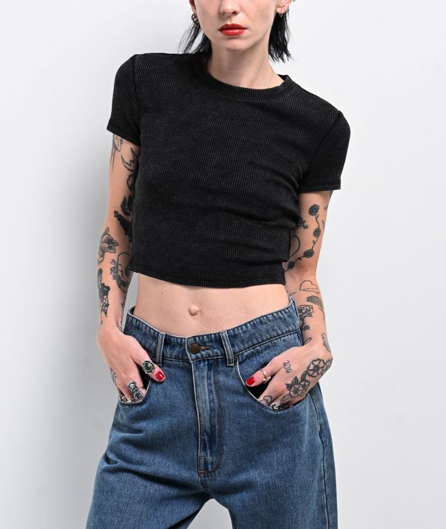 Zine Carmina Black Mineral Wash Thermal Crop T-Shirt - Zine