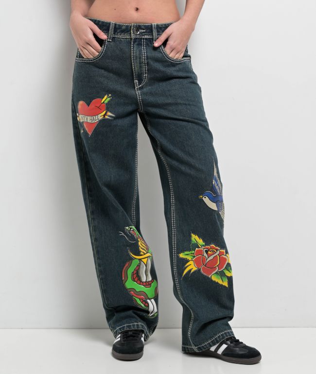 Ninth Hall Idle Printed Black Wash Straight Leg Jeans - Ninth Hall