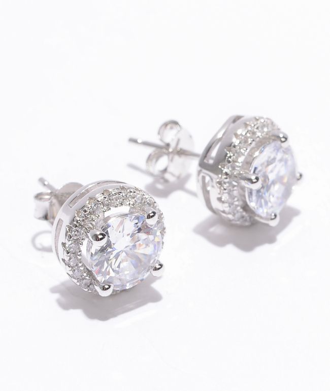 King Ice Iced Round Frame Silver Stud Earrings - King Ice