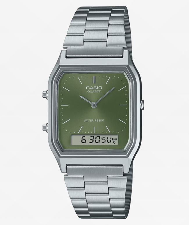 Casio AQ230A-3AVT Vintage Silver & Green Analog & Digital Watch - Casio