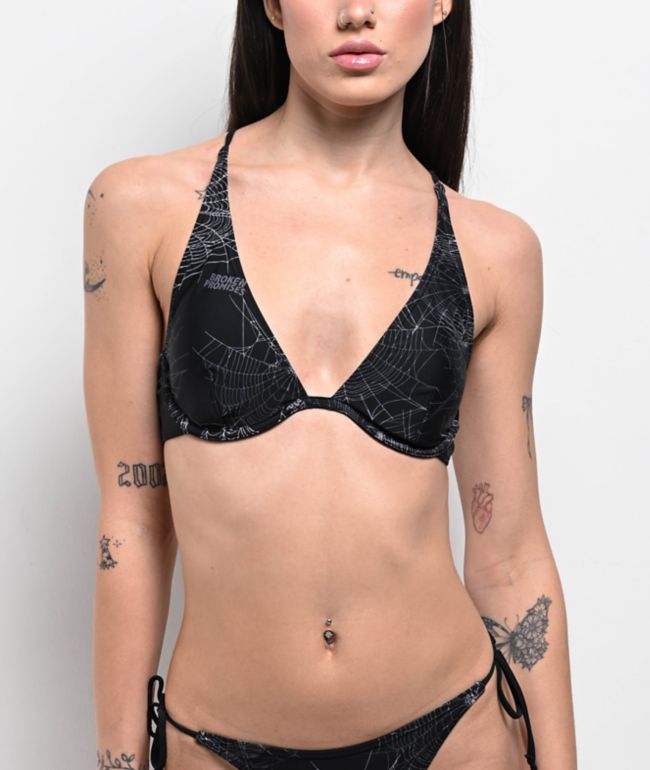Broken Promises Chrome Web Black Underwire Bikini Top - Broken Promises