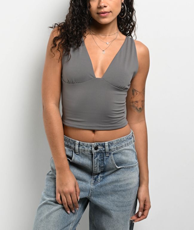 Freeworld Pheobe Grey V-Neck Crop Tank Top - Freeworld