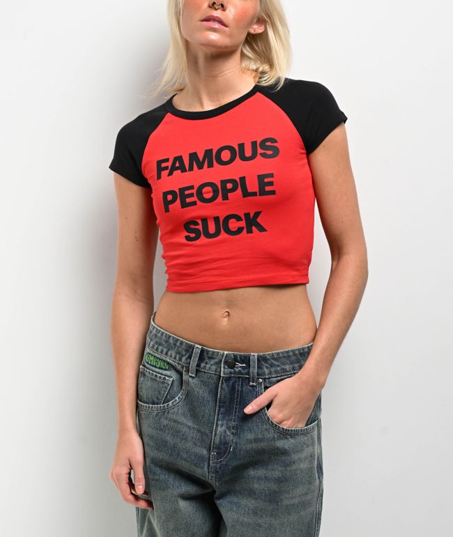 Famous Stars & Straps Famous People Suck Red Raglan Crop T-Shirt - Famous Stars & Straps