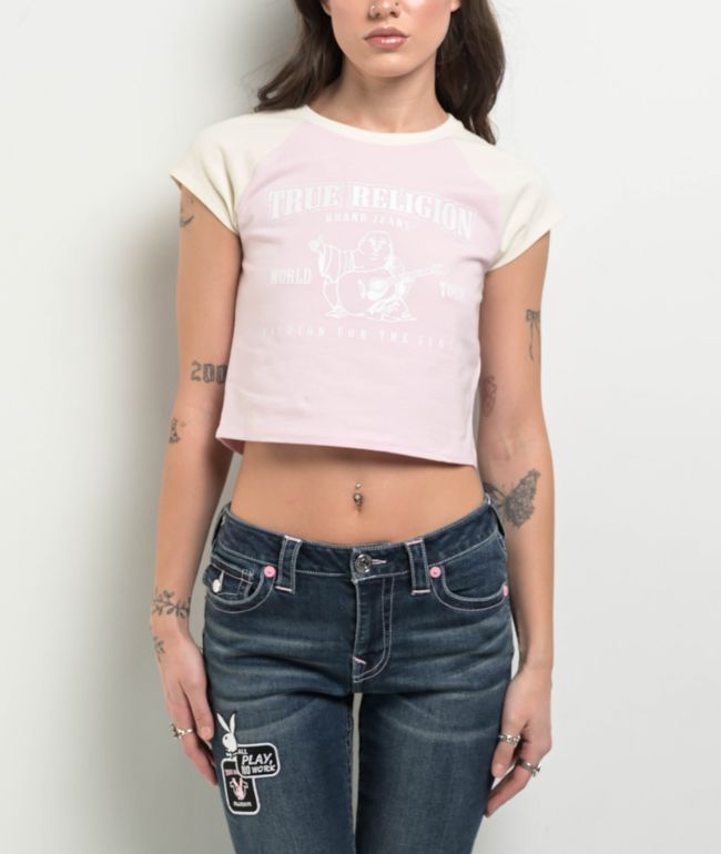 True Religion Buddha Logo Ringer Raglan Pink Crop T-Shirt - True Religion