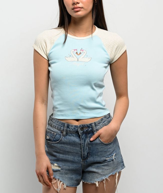 Freeworld Pammie Pointelle Light Blue & Cream Raglan T-Shirt - Freeworld