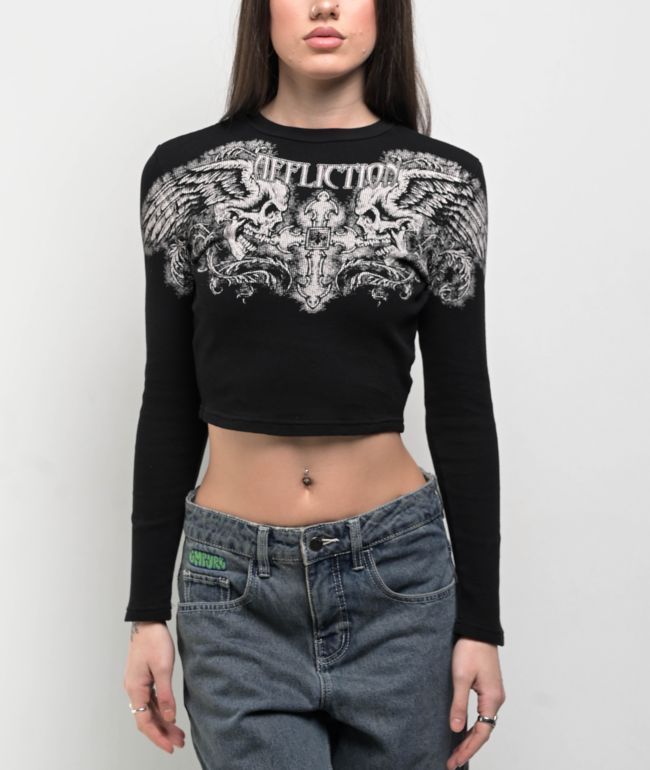Affliction Winged Up Black Thermal Long Sleeve Crop T-Shirt - Affliction
