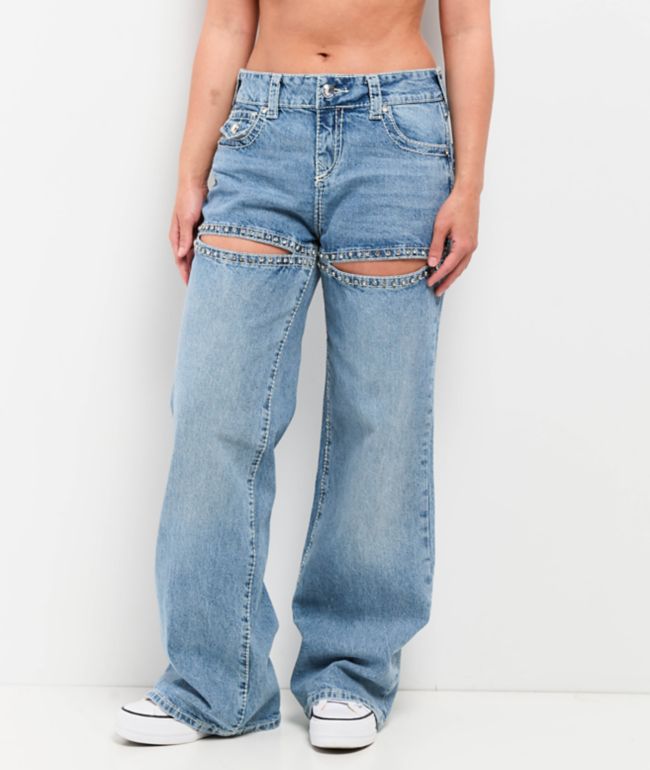 True Religion Bobbi Crystal Cutout Big T Blue Baggy Jeans - True Religion
