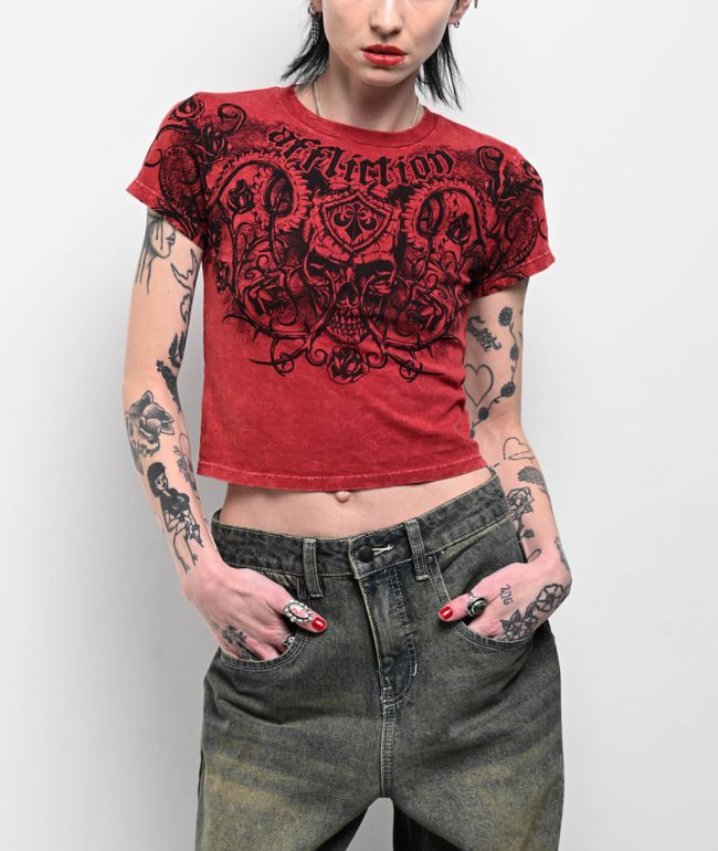 Affliction Bone Collector Dirty Red Lava Wash Crop T-Shirt - Affliction