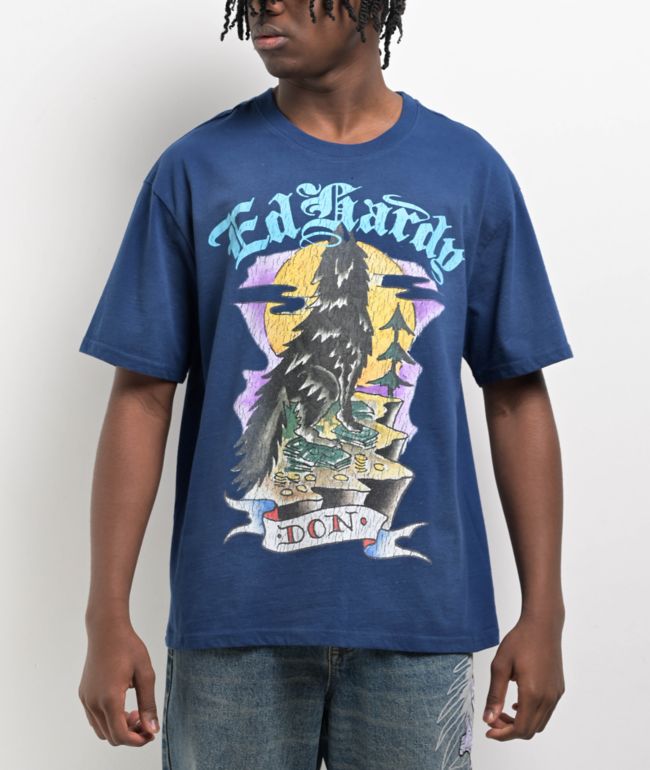 Ed Hardy Wolf Sunfade Navy T-Shirt - Ed Hardy