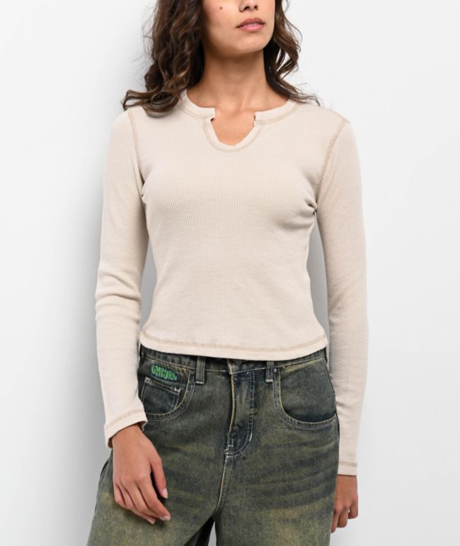 Freeworld Thora Silver Birch Notch Thermal Long Sleeve Crop T-Shirt - Freeworld