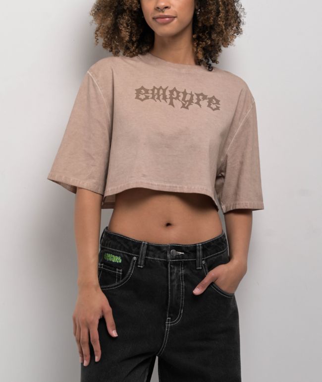 Empyre Tavia Brown Wash Boxy Crop T-Shirt - Empyre