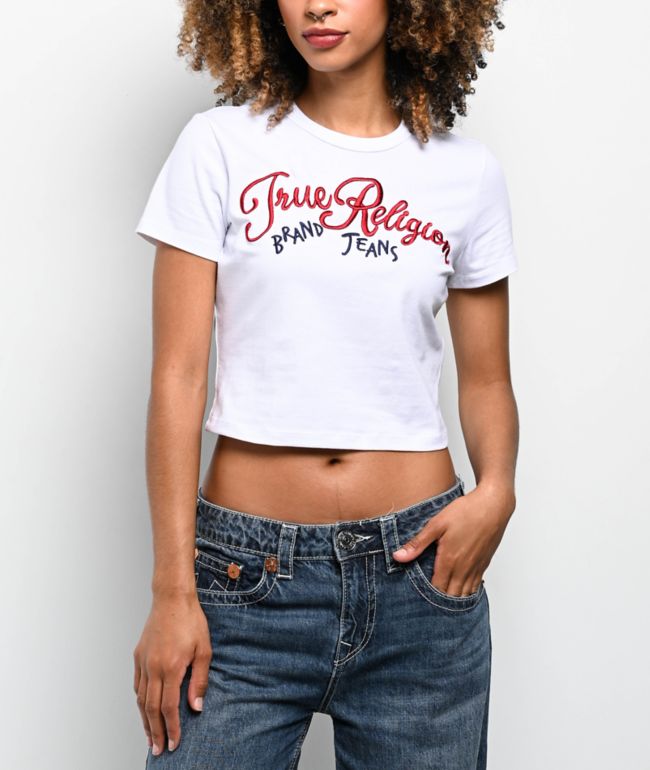 True Religion Embroidered Logo White Crop T-Shirt - True Religion