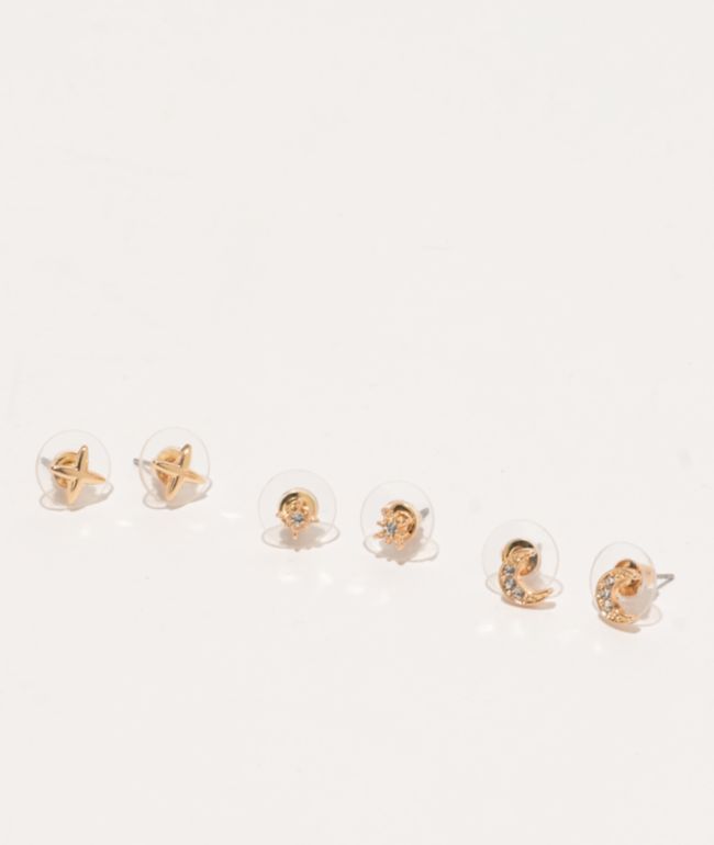 Fantas Eyes Night Sky Gold 3 Pack Stud Earrings - FANTAS EYES INC