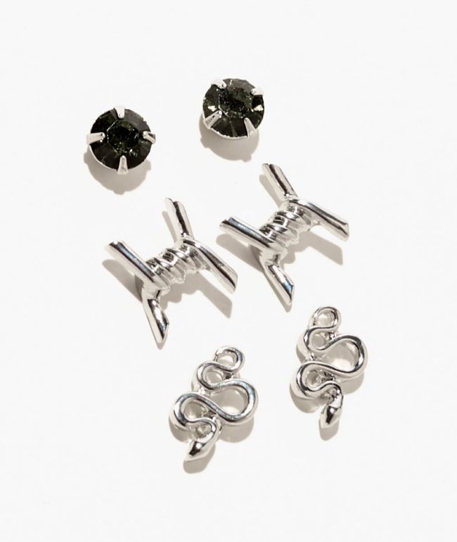 Fantas Eyes Barbed Wire & Snake Silver 3 Pack Stud Earrings - FANTAS EYES INC