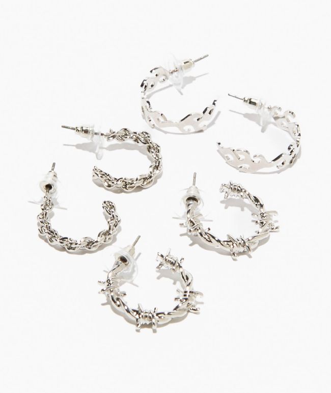 Fantas Eyes Barbed Wire, Chain & Flame Silver 3 Pack Hoop Earrings - FANTAS EYES INC