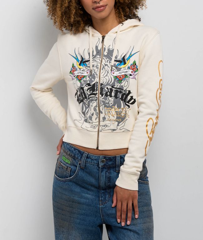 Ed Hardy Love Kills Slowly Heart Ivory Crop Zip Hoodie - Ed Hardy