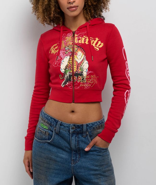 Ed Hardy Tiger Cloud Red Crop Zip Hoodie - Ed Hardy