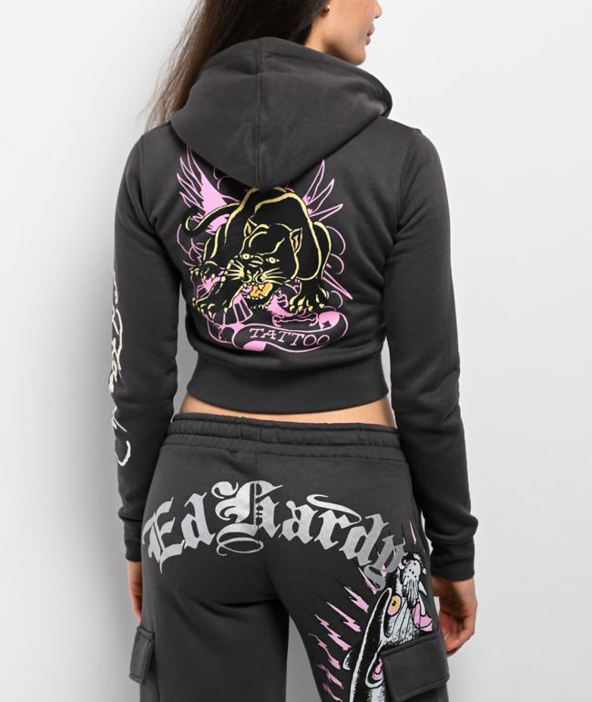 Ed Hardy Panther Charcoal Crop Zip Hoodie - Ed Hardy