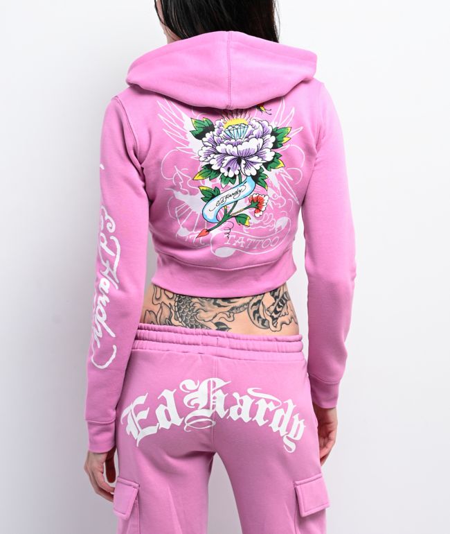 Ed Hardy Flower Skull Pink Crop Zip Hoodie - Ed Hardy