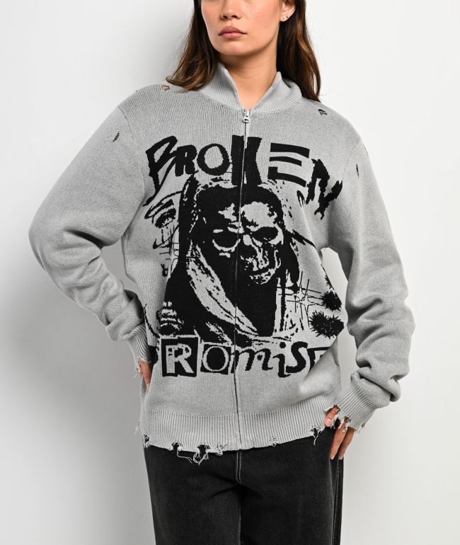 Broken Promises Creeper Grey Zip Sweater - Broken Promises