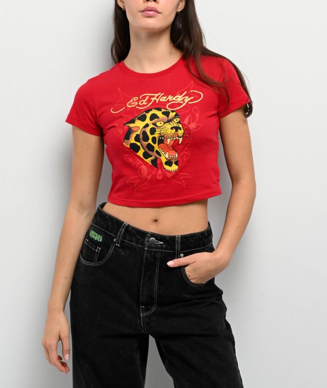 Ed Hardy Leopard Cherry Red Crop T-Shirt - Ed Hardy
