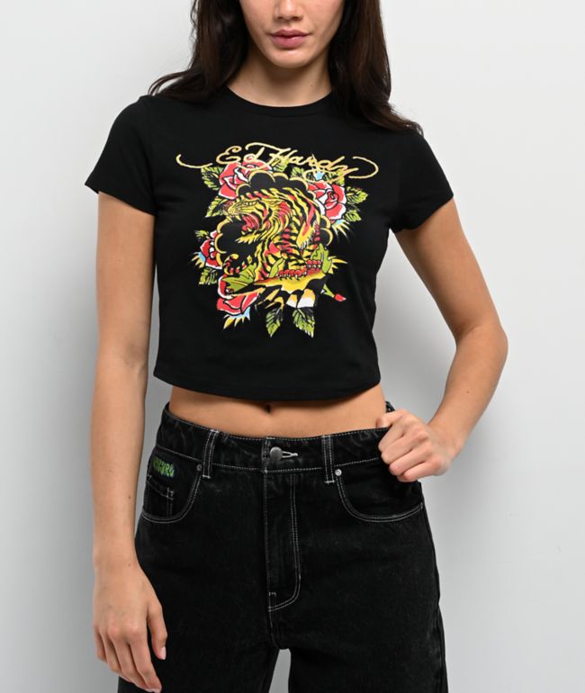Ed Hardy Tiger Rose Black Crop T-Shirt - Ed Hardy