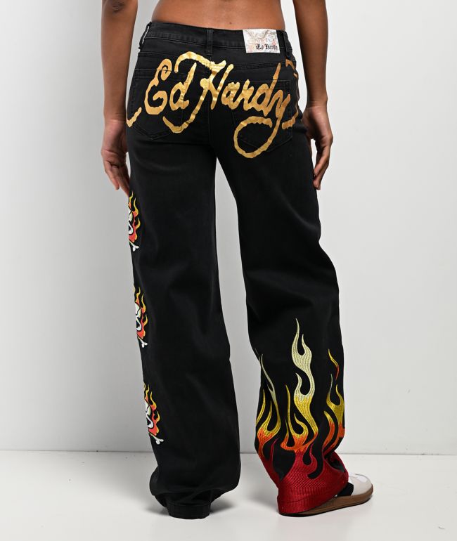 Ed Hardy Fire Skull Black Wide Leg Jeans - Ed Hardy