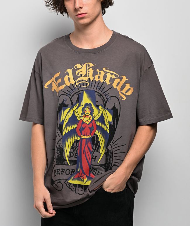 Ed Hardy Wing Skull Sunfade Grey T-Shirt - Ed Hardy