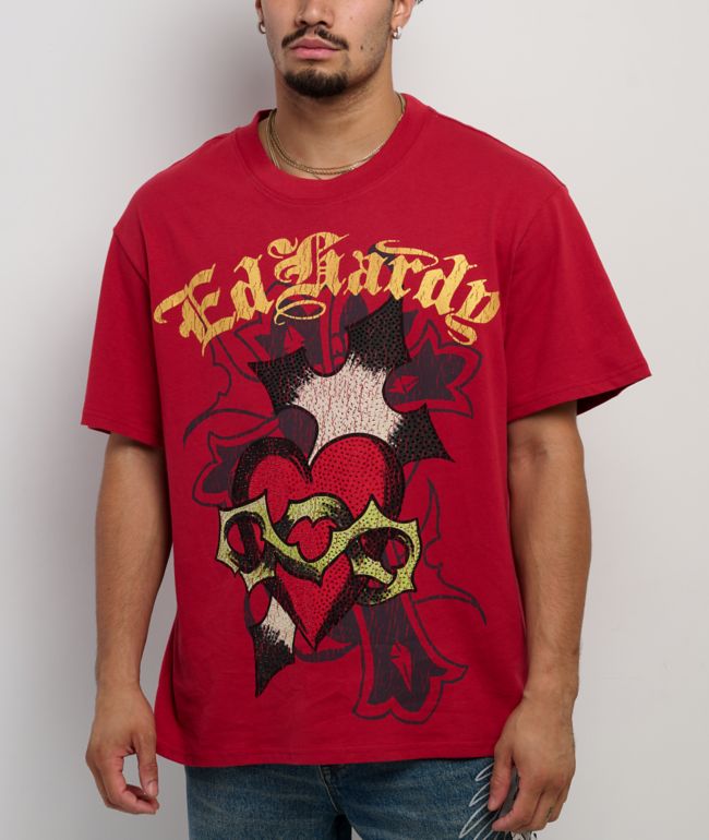 Ed Hardy Sacred Heart Rhinestone Red Boxy T-Shirt - Ed Hardy