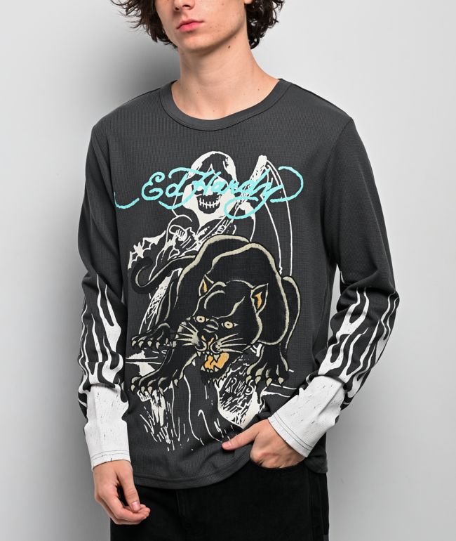 Ed Hardy Panther Flames Grey Thermal Long Sleeve T-Shirt - Ed Hardy