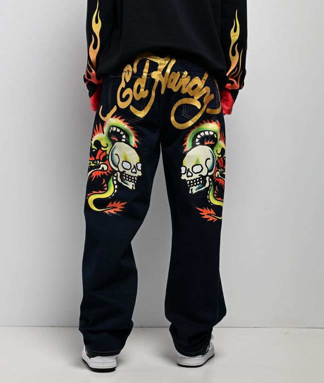 Ed Hardy Dragon Skull Raw Denim Baggy Jeans - Ed Hardy