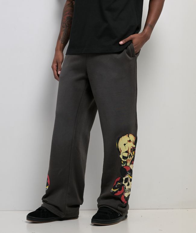 Ed Hardy Skulls Grey Wash Baggy Sweatpants - Ed Hardy