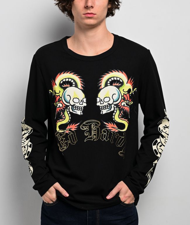 Ed Hardy Dragon Skull Black Thermal Long Sleeve T-Shirt - Ed Hardy