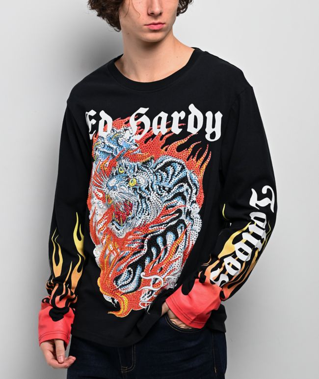 Ed Hardy Rhinestone Tiger Flames Black Long Sleeve T-Shirt - Ed Hardy