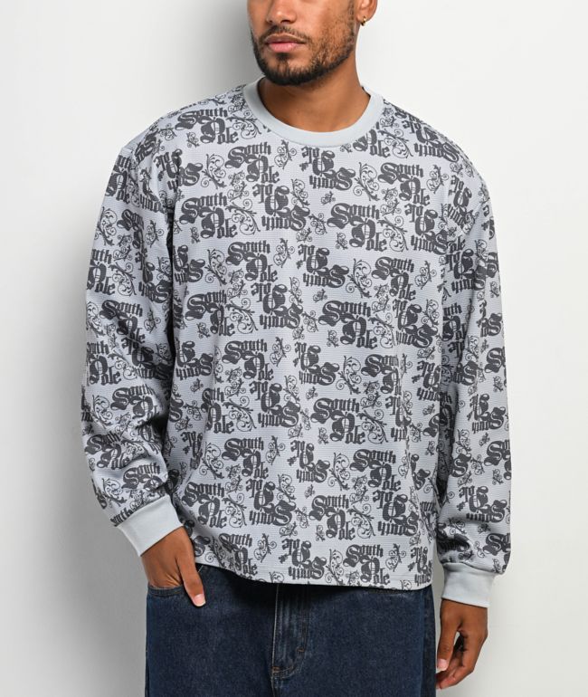 Southpole Allover Grey Thermal Long Sleeve Boxy Crop T-Shirt - 